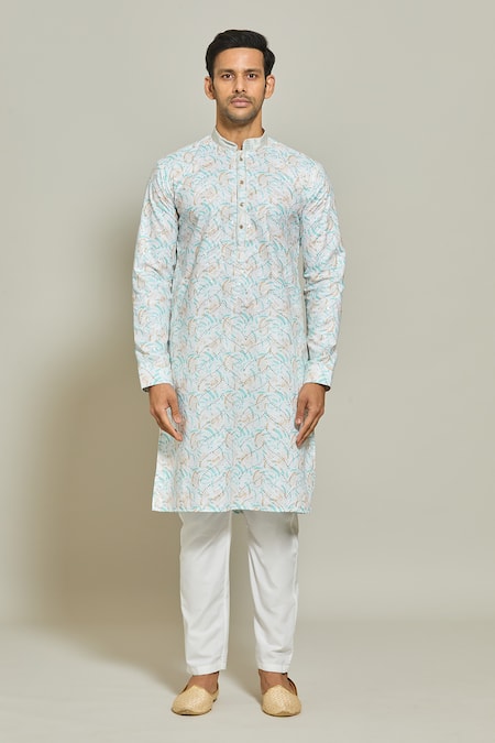 Arihant Rai Sinha_Blue Cotton, Silk Sequins, Embroidery Abstract Print Kurta And Aligadi Pant Set _Online_at_Aza_Fashions