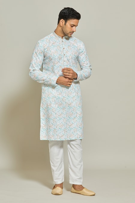 Buy_Arihant Rai Sinha_Blue Cotton, Silk Sequins, Embroidery Abstract Print Kurta And Aligadi Pant Set _Online_at_Aza_Fashions