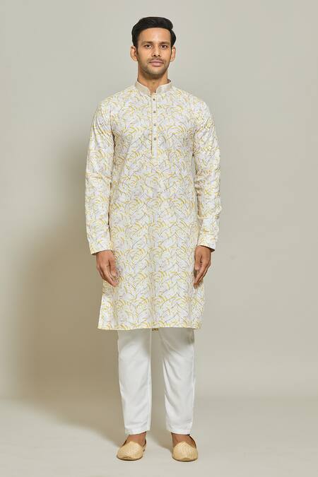 Arihant Rai Sinha Yellow Cotton Sequins, Embroidery Printed Kurta Online at Aza Fashions Arihant Rai Sinha_Yellow Cotton Sequins, Embroidery Printed Kurta _Online_at_Aza_Fashions