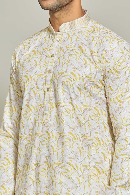Shop Arihant Rai Sinha Yellow Cotton Sequins, Embroidery Printed Kurta Online at Aza Fashions Shop_Arihant Rai Sinha_Yellow Cotton Sequins, Embroidery Printed Kurta _Online_at_Aza_Fashions