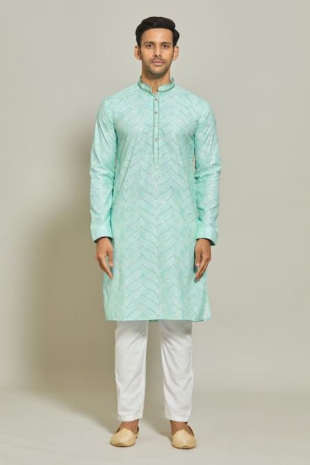 Arihant Rai Sinha_Green Cotton, Silk Sequins, Abstract Print Thread Work Kurta And Aligadi Pant Set _Online_at_Aza_Fashions