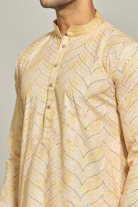 Shop Arihant Rai Sinha Yellow Cotton, Silk Abstract Print Thread And Work Kurta & Aligadi Pant Set Online at Aza Fashions Shop_Arihant Rai Sinha_Yellow Cotton, Silk Abstract Print Thread And Work Kurta & Aligadi Pant Set _Online_at_Aza_Fashions