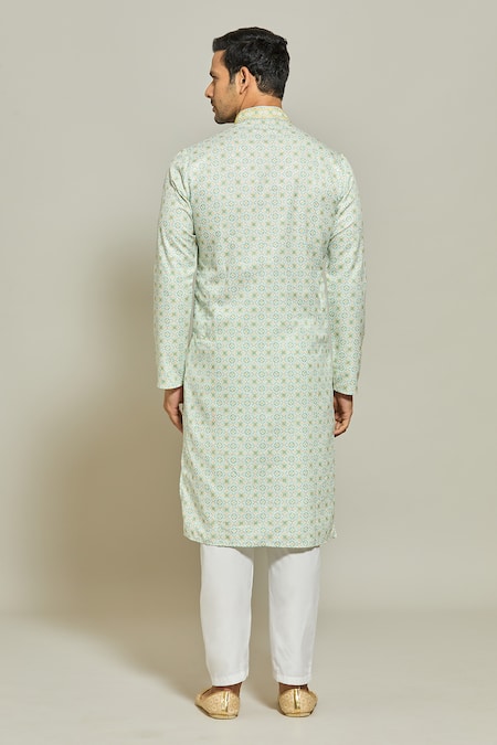 Shop_Arihant Rai Sinha_Green Cotton Embroidery Geometric Print Thread Work Kurta _at_Aza_Fashions