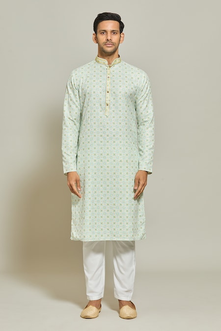 Arihant Rai Sinha_Green Cotton Embroidery Geometric Print Thread Work Kurta _Online_at_Aza_Fashions