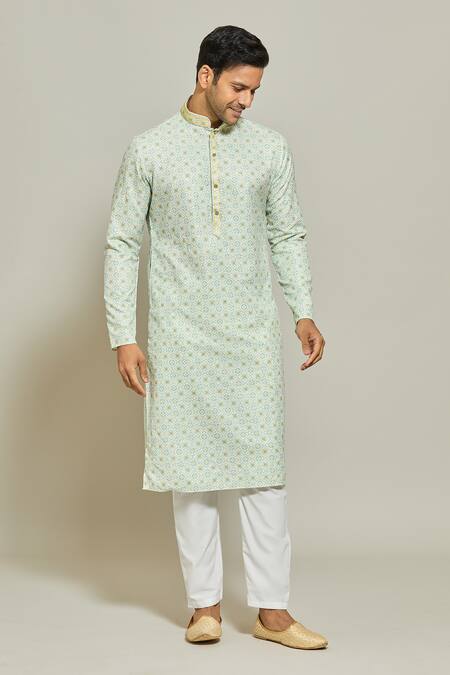 Buy_Arihant Rai Sinha_Green Cotton Embroidery Geometric Print Thread Work Kurta _Online_at_Aza_Fashions