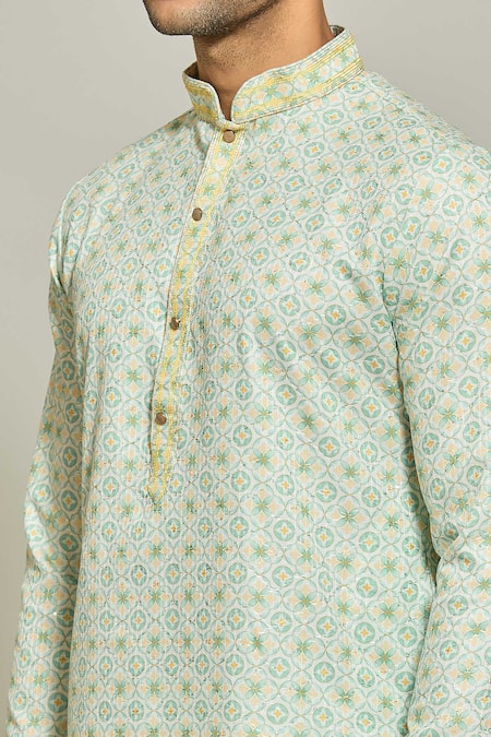 Shop_Arihant Rai Sinha_Green Cotton Embroidery Geometric Print Thread Work Kurta _Online_at_Aza_Fashions