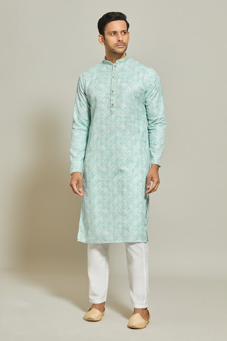 Buy_Arihant Rai Sinha_Blue Cotton, Silk Embroidery Geometric Print Kurta And Aligadi Pant Set _Online_at_Aza_Fashions