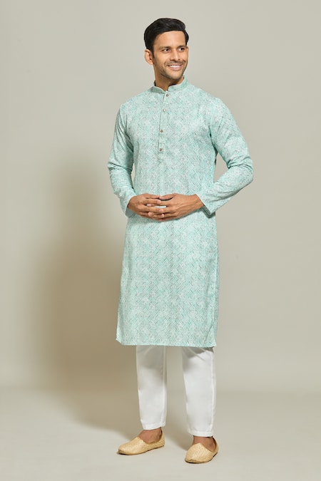 Shop_Arihant Rai Sinha_Blue Cotton, Silk Embroidery Geometric Print Kurta And Aligadi Pant Set _Online_at_Aza_Fashions