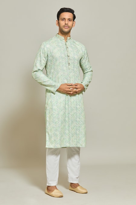Buy_Arihant Rai Sinha_Green Cotton, Silk Embroidery Geomteric Print Kurta And Aligadi Pant Set_Online_at_Aza_Fashions