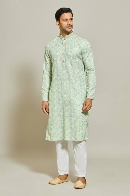 Shop_Arihant Rai Sinha_Green Cotton, Silk Embroidery Geomteric Print Kurta And Aligadi Pant Set_Online_at_Aza_Fashions