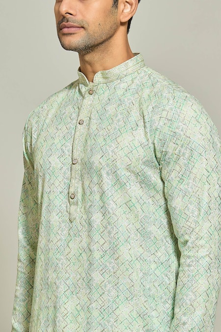 Arihant Rai Sinha_Green Cotton, Silk Embroidery Geomteric Print Kurta And Aligadi Pant Set_at_Aza_Fashions