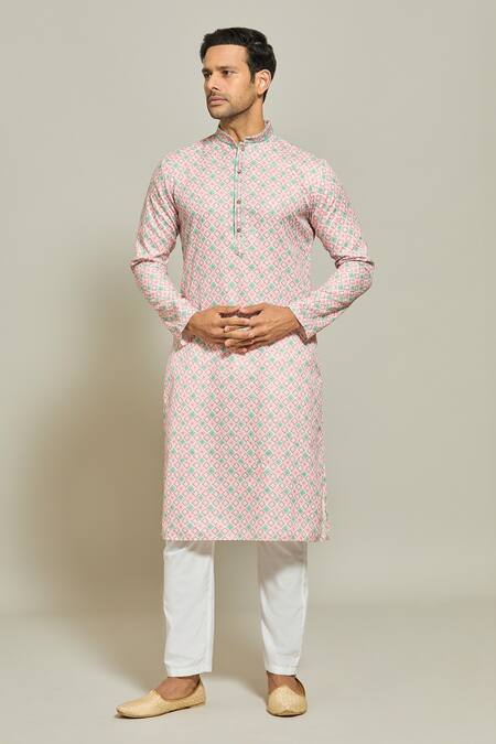 Shop_Arihant Rai Sinha_Peach Cotton, Silk Embroidery Thread Kurta And Aligadi Pant Set _Online_at_Aza_Fashions