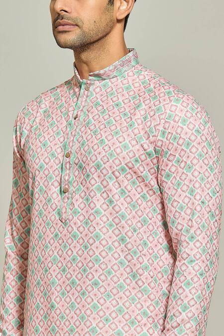 Arihant Rai Sinha_Peach Cotton, Silk Embroidery Thread Kurta And Aligadi Pant Set _at_Aza_Fashions