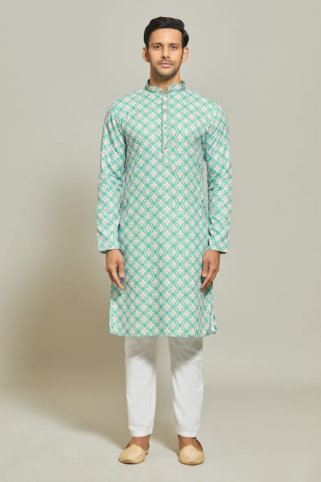Buy_Arihant Rai Sinha_Green Cotton, Silk Embroidery Thread Geometric Print Kurta And Aligadi Pant Set _Online_at_Aza_Fashions