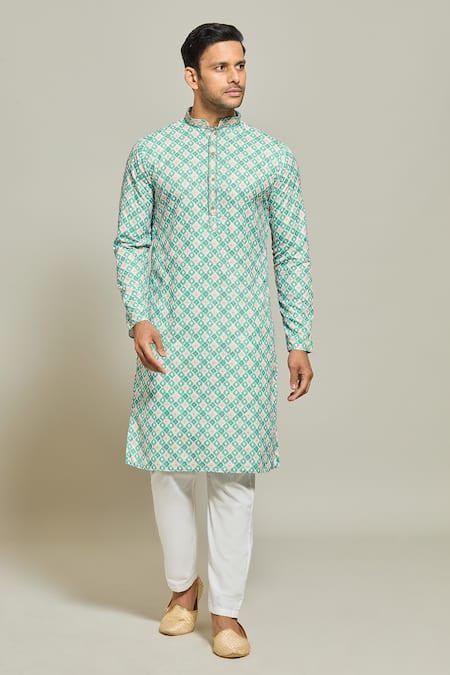 Shop_Arihant Rai Sinha_Green Cotton, Silk Embroidery Thread Geometric Print Kurta And Aligadi Pant Set _Online_at_Aza_Fashions