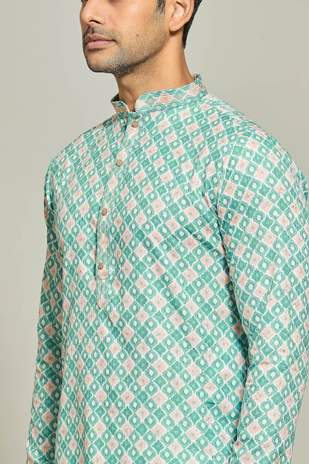 Arihant Rai Sinha_Green Cotton, Silk Embroidery Thread Geometric Print Kurta And Aligadi Pant Set _at_Aza_Fashions