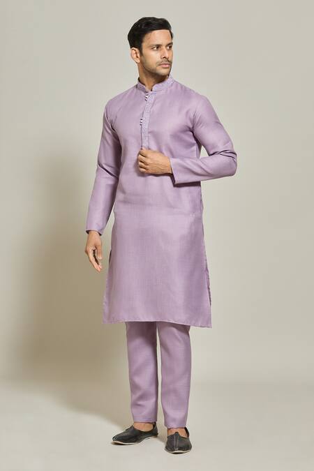 Buy_Arihant Rai Sinha_Purple Linen, Cotton Embroidery Placket Kurta And Aligadi Pant Set _Online_at_Aza_Fashions