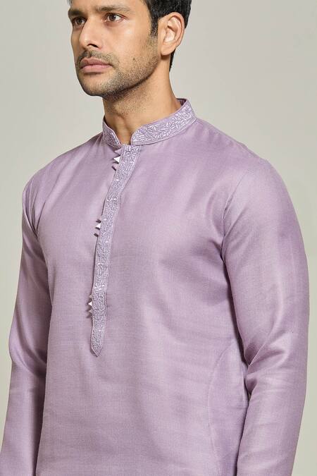 Shop_Arihant Rai Sinha_Purple Linen, Cotton Embroidery Placket Kurta And Aligadi Pant Set _Online_at_Aza_Fashions