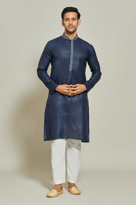 Arihant Rai Sinha Blue Linen, Cotton Embroidery Placket Straight Kurta 