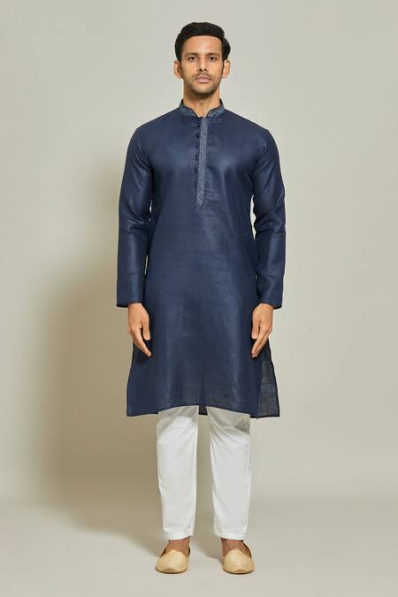 Buy_Arihant Rai Sinha_Blue Linen, Cotton, Silk Embroidery Placket Straight Kurta And Aligadi Pant Set _Online_at_Aza_Fashions