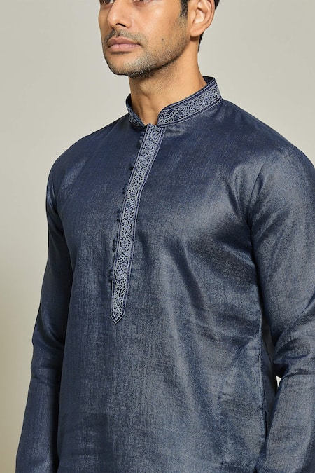 Arihant Rai Sinha_Blue Linen, Cotton, Silk Embroidery Placket Straight Kurta And Aligadi Pant Set _at_Aza_Fashions