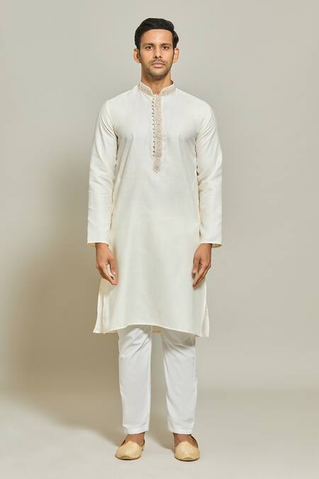 Buy_Arihant Rai Sinha_Cream Linen, Cotton, Silk Embroidery Solid Kurta And Aligadi Pant Set _Online_at_Aza_Fashions
