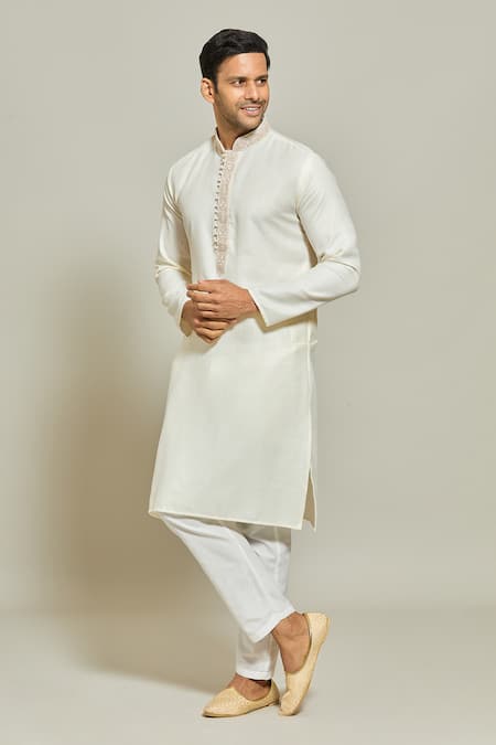 Shop_Arihant Rai Sinha_Cream Linen, Cotton, Silk Embroidery Solid Kurta And Aligadi Pant Set _Online_at_Aza_Fashions