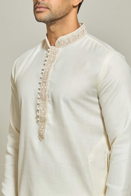 Arihant Rai Sinha_Cream Linen, Cotton, Silk Embroidery Solid Kurta And Aligadi Pant Set _at_Aza_Fashions