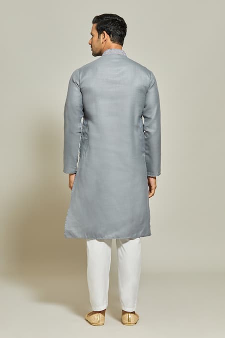 Shop_Arihant Rai Sinha_Grey Linen, Cotton Embroidery Placket Kurta _at_Aza_Fashions
