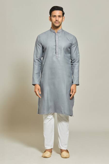 Arihant Rai Sinha_Grey Linen, Cotton Embroidery Placket Kurta _Online_at_Aza_Fashions