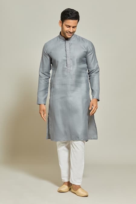 Buy_Arihant Rai Sinha_Grey Linen, Cotton Embroidery Placket Kurta _Online_at_Aza_Fashions