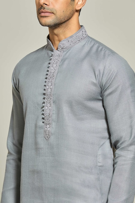 Shop_Arihant Rai Sinha_Grey Linen, Cotton Embroidery Placket Kurta _Online_at_Aza_Fashions