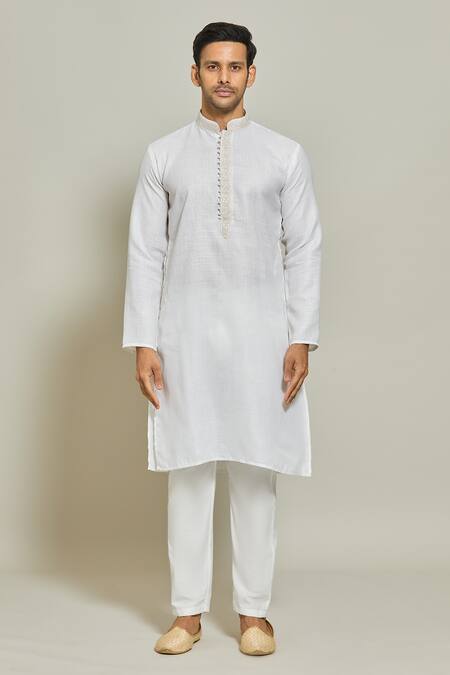 Arihant Rai Sinha_Off White Linen, Cotton Embroidery Straight Plain Kurta _Online_at_Aza_Fashions