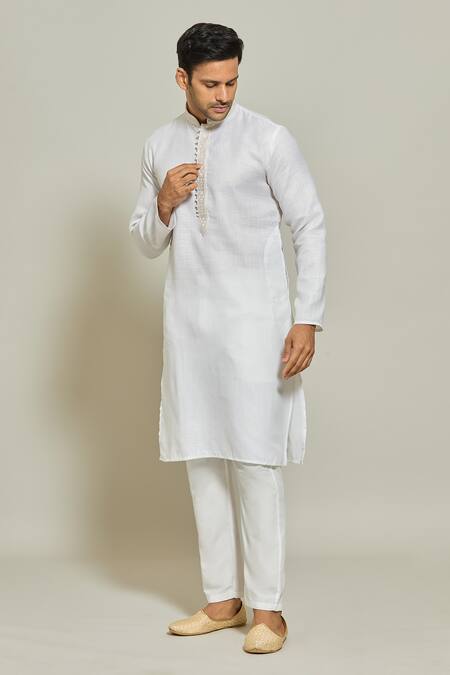 Buy_Arihant Rai Sinha_Off White Linen, Cotton Embroidery Straight Plain Kurta _Online_at_Aza_Fashions