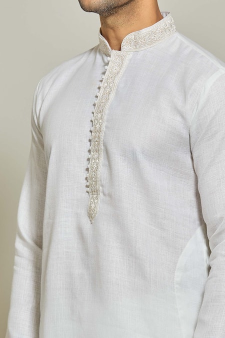 Shop_Arihant Rai Sinha_Off White Linen, Cotton Embroidery Straight Plain Kurta _Online_at_Aza_Fashions