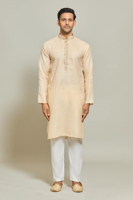 Arihant Rai Sinha Beige Linen, Cotton Embroidery Plain Straight Kurta Online at Aza Fashions Arihant Rai Sinha_Beige Linen, Cotton Embroidery Plain Straight Kurta _Online_at_Aza_Fashions