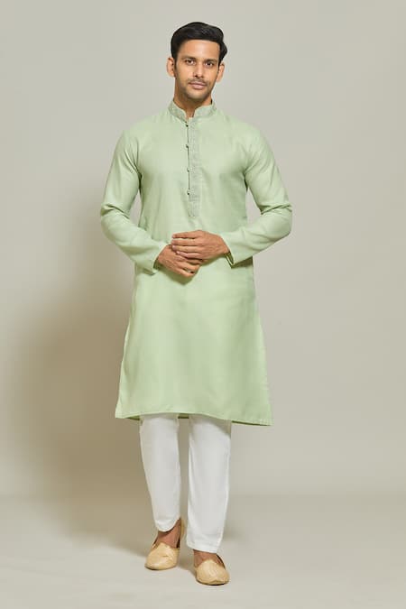 Arihant Rai Sinha Green Kurta Premium Linen Cotton Plain Band Collar And Aligadi Pant Set 