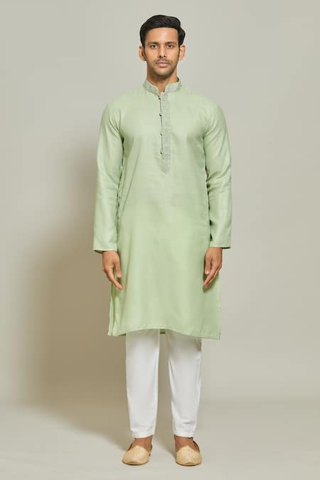 Arihant Rai Sinha Green Linen, Cotton, Silk Embroidery Band Collar Plain Kurta And Aligadi Pant Set Online at Aza Fashions Arihant Rai Sinha_Green Linen, Cotton, Silk Embroidery Band Collar Plain Kurta And Aligadi Pant Set _Online_at_Aza_Fashions
