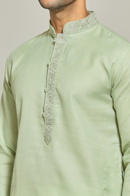 Shop Arihant Rai Sinha Green Linen, Cotton, Silk Embroidery Band Collar Plain Kurta And Aligadi Pant Set Online at Aza Fashions Shop_Arihant Rai Sinha_Green Linen, Cotton, Silk Embroidery Band Collar Plain Kurta And Aligadi Pant Set _Online_at_Aza_Fashions
