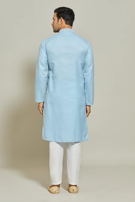 Shop_Arihant Rai Sinha_Blue Linen, Cotton, Silk Embroidery Plain Placket Kurta And Aligadi Pant Set _at_Aza_Fashions