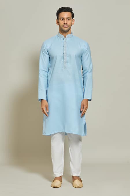 Arihant Rai Sinha_Blue Linen, Cotton, Silk Embroidery Plain Placket Kurta And Aligadi Pant Set _Online_at_Aza_Fashions