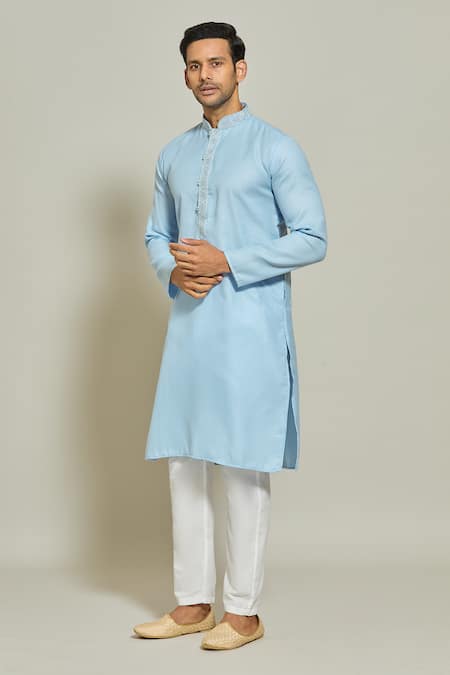 Buy_Arihant Rai Sinha_Blue Linen, Cotton, Silk Embroidery Plain Placket Kurta And Aligadi Pant Set _Online_at_Aza_Fashions