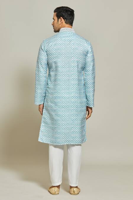 Shop Arihant Rai Sinha Blue , Satin Embroidery Geometric Bloom Print Kurta Set at Aza Fashions Shop_Arihant Rai Sinha_Blue , Satin Embroidery Geometric Bloom Print Kurta Set _at_Aza_Fashions