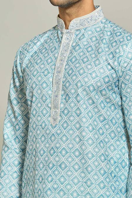 Shop Arihant Rai Sinha Blue , Satin Embroidery Geometric Bloom Print Kurta Set Online at Aza Fashions Shop_Arihant Rai Sinha_Blue , Satin Embroidery Geometric Bloom Print Kurta Set _Online_at_Aza_Fashions
