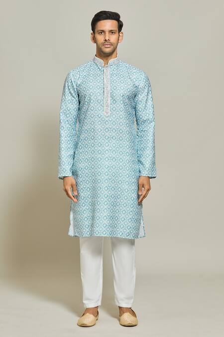 Arihant Rai Sinha Blue , Satin Embroidery Geometric Bloom Print Kurta Set at Aza Fashions Arihant Rai Sinha_Blue , Satin Embroidery Geometric Bloom Print Kurta Set _at_Aza_Fashions