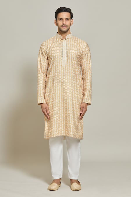 Arihant Rai Sinha_Yellow Cotton Embroidery Vine Bloom Print Kurta _Online_at_Aza_Fashions