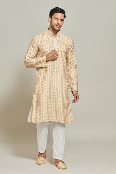 Buy_Arihant Rai Sinha_Yellow Cotton Embroidery Vine Bloom Print Kurta _Online_at_Aza_Fashions