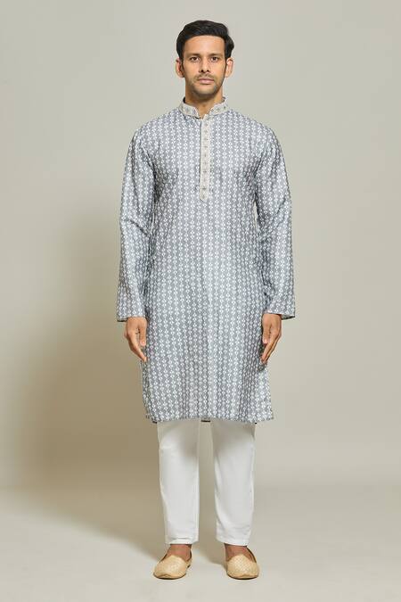 Arihant Rai Sinha_Grey Cotton Embroidery Geometric Vine Bloom Print Kurta_Online_at_Aza_Fashions