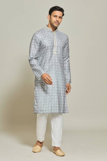 Buy_Arihant Rai Sinha_Grey Cotton Embroidery Geometric Vine Bloom Print Kurta_Online_at_Aza_Fashions