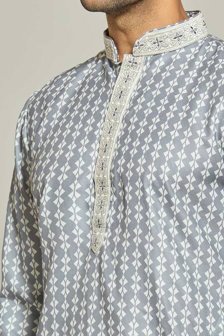 Shop_Arihant Rai Sinha_Grey Cotton Embroidery Geometric Vine Bloom Print Kurta_Online_at_Aza_Fashions